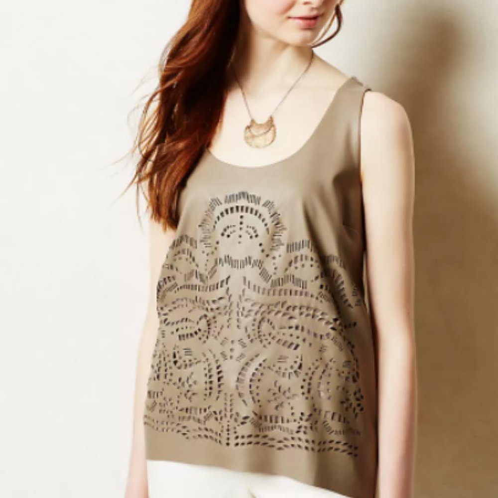 Anthropologie Sunday In Brooklyn Taupe Faux Leather Lasercut Tank